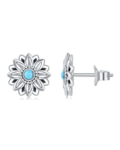 Western Turquoise Sunflower Earrings 925 Sterling Silver Hypoallergenic Studs -