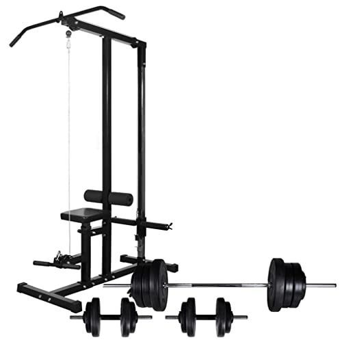 Ordellia Torre de fuerza con barra y mancuernas Set 60,5 kg Fitness Station para Homegym, banco rack y tracción de cable, prensa de piernas, multiprensa, musculación y entrenamiento en el hogar