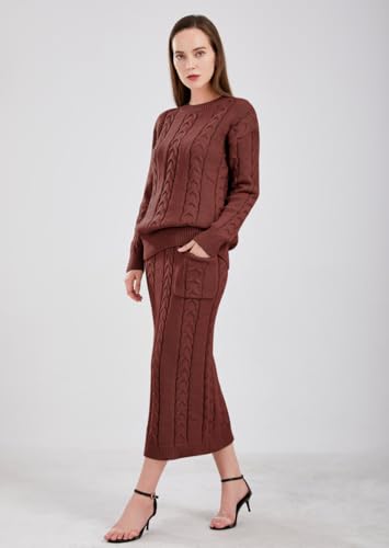 Image of chouyatou Women Winter Casual Chunky Cable Knit Long Pencil Skirt 2 Piece Outfit Oversized Pullover Sweater Sets