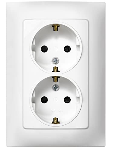 SIMON - Enchufe Doble de Empotrar Schuko, Serie Simon 10, 250V, 10 A, Enchufe de Pared Plano y Fino, Fácil de Instalar, Incluye Marco, Tapa y Mecanismo, Base de Enchufe Hembra Color Blanco