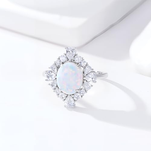3 Carat Oval Opal Ring S925 Sterling Silver Dainty White Opal with Cubic Zirconia Ring Anniversary Birthday Mother's Day Gift for Women Wife3