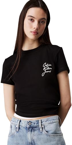 Calvin Klein Damen T-Shirts Kurzarm Script Institutional Baby Tee Rundhalsausschnitt, Schwarz (Ck Black), L – Ansicht 1