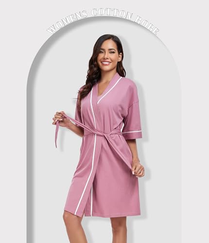 Image of ANLIQI Womens 100% Cotton Robes Lightweight Summer Short Sleeve Lady Bathrobe Knee Length Kimono Robe Sleepwear with Pockets