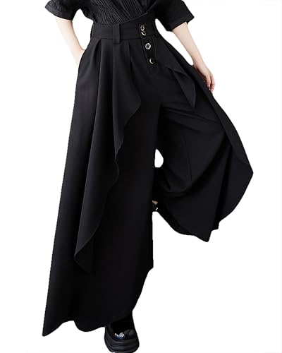 ellazhu Women's Pants Wide Leg Pocket High Waist Button Pocket Asymmetrical Irregular Hem GZ468