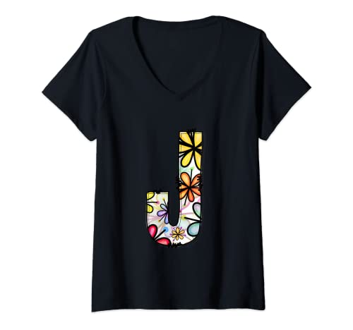 Mujer Monograma con nombre de letra J con letra Y2K retro Groovy Flower Power Camiseta Cuello V