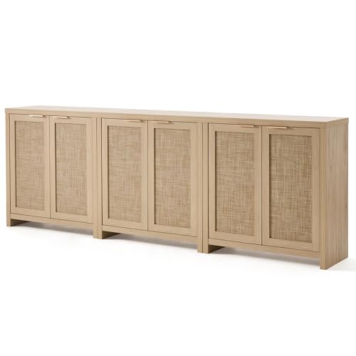 Image of OAKHAM HOME Rattan Sideboard Buffet Cabinet with Storage, Boho Farmhouse Credenza with Adjustable Shelves, Decorative Coffee Bar Cabinet for Living Room & Entryway Organization, Light Oak, 3 PCS | Buffet Cabinet with 2 Soft-Close Doors, Adjustable Shelves and 110 lbs Top, For Living Room, Kitchen, Entryway
