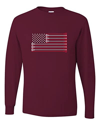 Medium Maroon Mens Lacrosse USA Flag Lax Long Sleeve T-Shirt