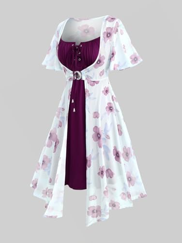 Image of ROSE GAL Rosegal Plus Size Women Sundress Set Flutter Sleeves Floral Dress and Lace-up Cami Dress