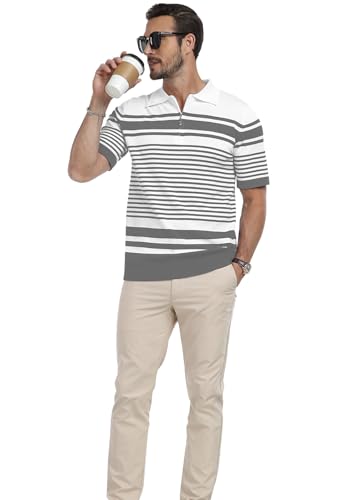 KUYIGO Polo para Hombre con Cuello de Punto, Manga Corta, Cremallera, Rayado miniatura 6