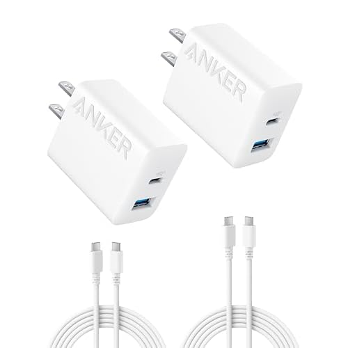 iPhone 15 Charger, Anker USB C Charger Block, 2-Pack 20W Fast Wall Charger for 15/15 Pro/Pro Max/iPad Pro and More, with 2 Pack 5 ft USB-C Cable 2pack & 2cable White