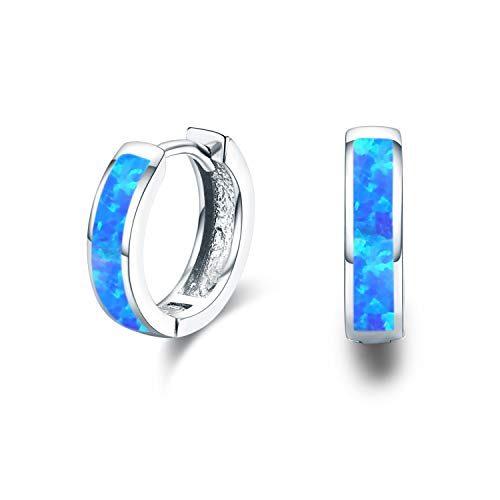 Valentine's Day Gift Small Hoop Earrings, Hinged Huggie Earrings Simulated Opal Blue Earrings Hypoallergenic Earrings For Sensitive Ears 925 Sterling Silver Earrings For Women Men Teen (Blue) #TOP12