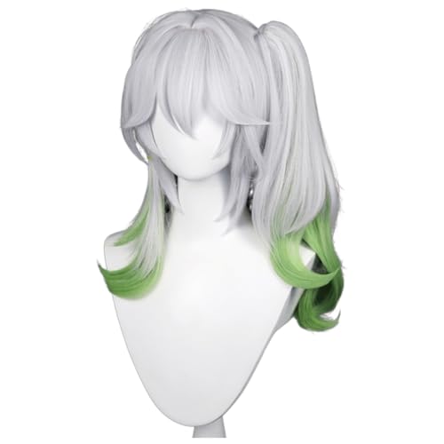 Queue de cheval bouclée verte et blanche pour cosplay anime avec frange
