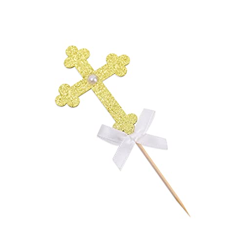 Baptism Cupcake Toppers - Baptism Decorations, Set Of 12 Gold Glitter Cross Cupcake Toppers With White Bow, God Bless Cake Decorations, First Holy Communion Decorations, Baby Shower Decorations #TOP7