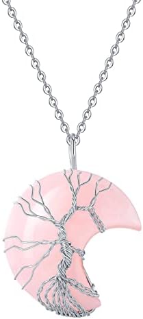 XIANNVXI Rose Quartz Necklaces Healing Crystal Stone Necklaces Tree of Life Wire Wrapped Crescent Moon Pendant Necklace Natural Reiki Gemstone Quartz Jewelry for Women Mother Mom