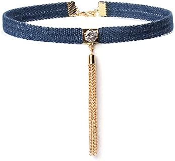 Ymqewq Kenfery Bohemian Denim Choker Necklace with Gold Fringe Tassel Punk Blue Collar Necklace Fashion Statement Jewelry for Women