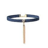 Ymqewq Kenfery Bohemian Denim Choker Necklace with Gold Fringe Tassel Punk Blue Collar Necklace Fash