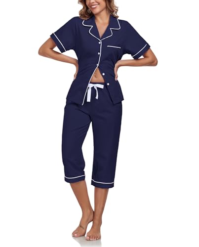 Image of COLORFULLEAF 100% Cotton Capri Pajama for Women Set Summer Short Sleeve Pj Sets for Women Cotton Sleepwear