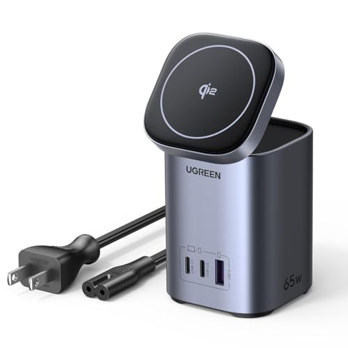 UGREEN Nexode 65W GaN Charging Station 3-Port with 15W Qi2 Wireless Charger Stand Foldable, Magsafe Charger Station Magnetic Charger Compatible with iPhone 16/15/14/13/12, Galaxy S24, iPad Air, etc
