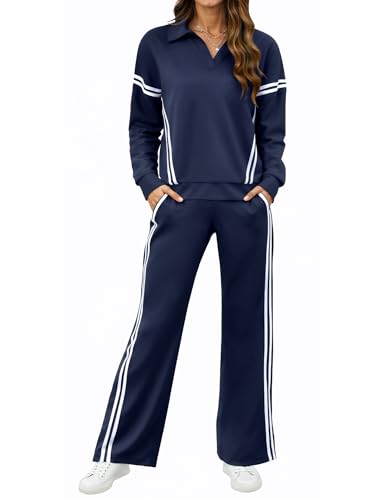 SHESHOW Sweatsuits Women 2 Piece Outfits Tracksuit 2-Stripes Wide Leg Pants Lounge Sets for Women with Pockets Navy XL