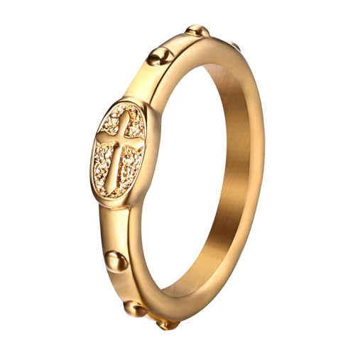 Flonge - Anillo de cruz de oro para mujer: anillo clásico de cruz con rosario, anillo de fe elevado, amuleto cristiano, regalo para mujer, 10 (T1/2), Acero inoxidable