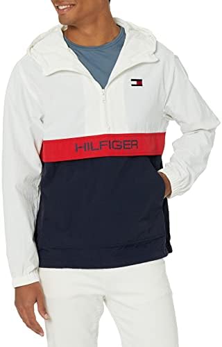 Tommy Hilfiger Men's Lightweight Taslan Hooded Popover Windbreaker Jacket Outerwear, -White/Navy Color Block, Medium