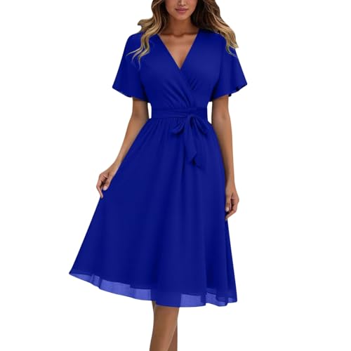 Robe en mousseline de soie à col en V chic et fluide avec ceinture pour femme