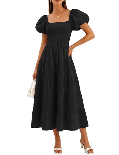 ZESICA Women's 2025 Summer Square Neck Short Puff Sleeve Solid Color High Waist Casual Smocked Flowy A Line Tiered Midi Dress,Black,Medium