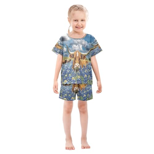 ALAZA Highland Cow Blue Flower Pajamas Set Short Sleeve Cotton Sleepwear Summer Pjs 2 Piece 5-14Y3