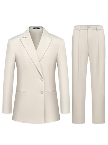 Women's 2 Piece Suit One Button Business Casual Office Work Outfits Dressy Blazer Wide Leg Pants Set Beige2