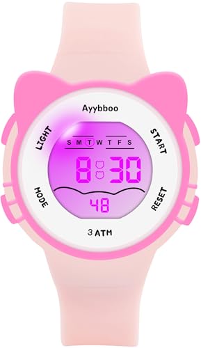 Ayybboo Kinderuhr Mädchen Jungen,7 Farblichter Armbanduhr Kinder mit Katzenmotiv,3 ATM Wasserdicht Digitaluhr Kinder für 4-12 Jahre Weihnachten Einschulung Geschenke