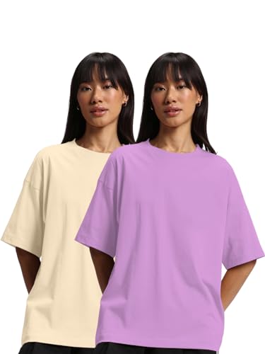 Image of JUNEBERRY Pure Cotton Drop Shoulder Oversized Baggy Fit Half Sleeve Plain Solid Round Neck Multicolor T-Shirt for Women & Girls (Pack of 2) (Sizes S-2XL)