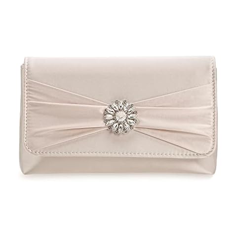 CHARMING TAILOR Evening Bag for Women Pleated Flap Satin Formal Purse Diamantes Brooch Embellished Clutch (Champagne) Cover