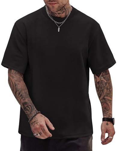 Herberton Mens Oversized T-Shirts Heavyweight Cotton Crew Neck Stretch Fashion Thick Tee Tops Black...