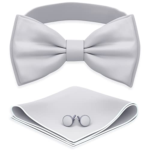 Image of Adam Young Men's Bow Ties with Handkerchief & Cufflinks Pre-Tied Style Formal Satin Classic Bowtie for Tuxedo Faux Silk