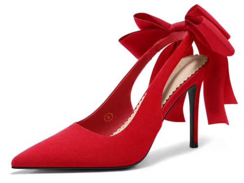 Image of Coutgo Womens Slingback High Heels with Bow Closed Pointed Toe Wedding Bride Dress Shoes Satin Pumps