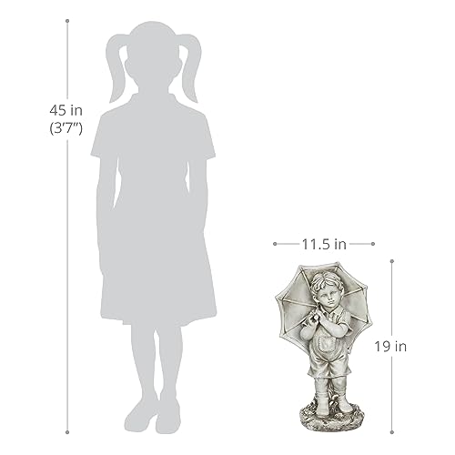 Exhart Garden Sculpture, Solar Boy Garden Statue, Led Umbrella, Outdoor Garden Decoration With Resin Stone Finish, 11.5 X 19 Inch #TOP3