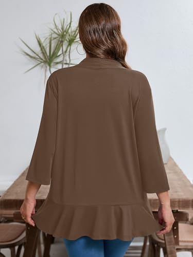 AusLook Women's Plus Size 3/4 Sleeve Lightweight Open Front Cardigan Coffee 4X Draped Ruffles Causal Cover Ups Shrugs Tops Shawls and Wraps Kimono Jacket Coat — view 2
