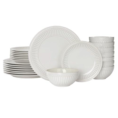 Image of Famiware Garden 24-Piece Embossed Plates and Bowls Sets, Stoneware Reactive Glaze Dishes Dinnerware Set, Modern Rustic, Chip & Scratch Resistant, Microwave & Dishwasher Safe, Service for 8, White