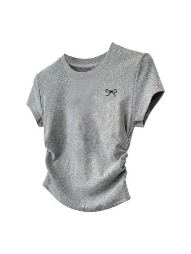 Floerns Girl's Bowknot Print Short Sleeve T Shirts Ruched Crew Neck Y2k Tee Tops