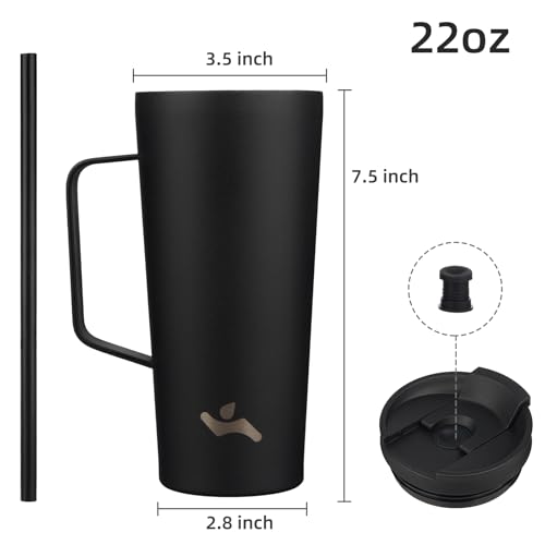 Image of Konokyo 22 oz Insulated Tumbler with Handle & Straw, Stainless Steel Mug