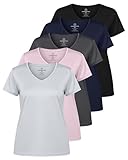 Paquete de 5 Camisetas Deportivas de Manga Corta con Cuello en V para Mujer, Ajuste seco, Absorbe la Humedad, para Yoga, (Disponible en Tallas Grandes), Set 6, M