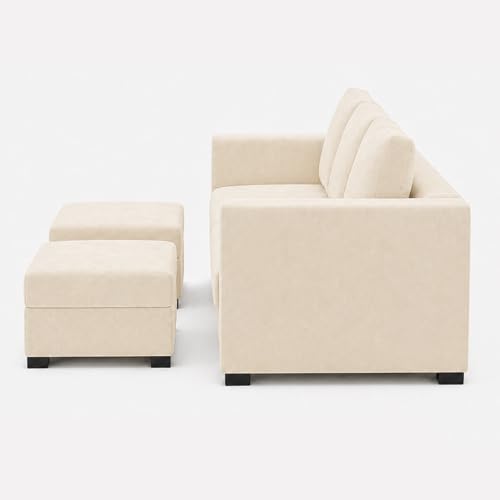 Image of FURNY Revona 5 Seater L Shape Sofa Set with 2 Movable Ottoman | Flexible Left or Right Layout | Plush Velvet Fabric (Cream) | Perfect for Living Room, Guest Room & Office