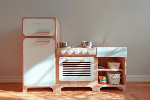 HINGI Cocinita de Madera Infantil Grande | Cocina Juguete 118x85x38cm | Cocina Montessori| Cocina de Juguetes para Niñas y Niños | Cocina Bebe con Nevera Fregadero y Horno