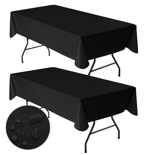 Nasitos 2 Pack Black Table Cloth Rectangle 60x84 Inch-Plastic Table Cloth with Flannel Backing, Vinyl Waterproof Tablecloth 4Ft Table Cover for Banquet, Dining Space, Trade Shows, Graduation Party