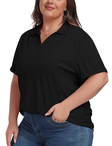 MoFiz Women's Plus Size Golf Polo Shirts Loose Fit Short Sleeve V-Neck Tennis Workouts Tops, XL-5XL4