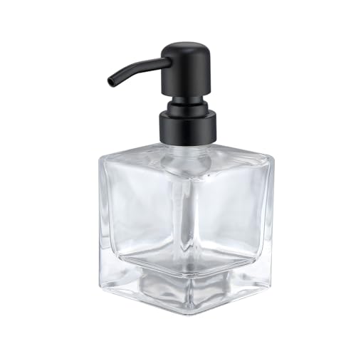 Image of Square Bathroom Soap Dispenser Black, 8.4 oz Glass Bottles with Stainless Steel Pump Cube Liquid Hand Soap Dispenser Kitchen