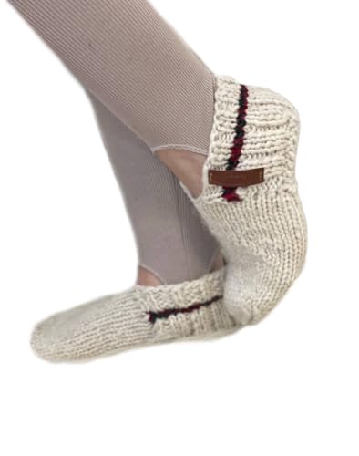 Cozy Knitted Short Wool Socks with Red Stripe, Handmade in Natural White Wool, Unisex Men & Women Sizes Soft Warm Ideal Gif, Free Shipping!