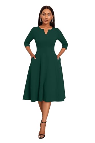 Image of Nmoder Midi Dresses for Women A-Line Fit and Flare Dress 3 /4 Sleeve V Neck Cocktail Wedding Guest Work Dress with Pockets
