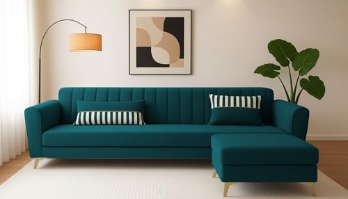 Image of Adorn India Premium Luster 4 Seater L Shape Sofa Set | Velvet Suede Fabric | 3-Year Warranty | Color Ocean Blue with Golden Legs & Striped Pattern Cushion