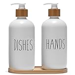 FEILANDUO Glass Soap Dispenser Set - Bamboo Pump & Tray, Washing Up Liquid Dispenser for Kitchen Sink, Hand Soap Bottle for Bathroom, Farmhouse Glass Pump Dispenser Home Decor (A- 2pcs White)